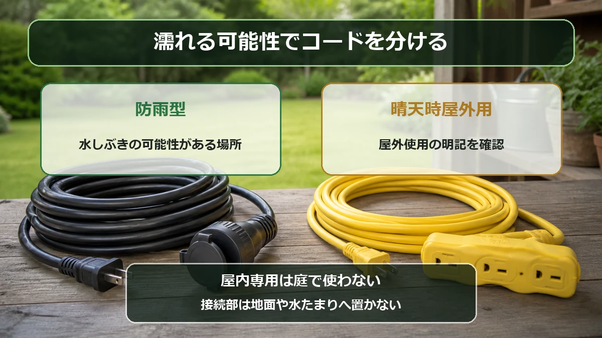 庭作業用延長コードを防雨型と晴天時屋外用に分ける図解