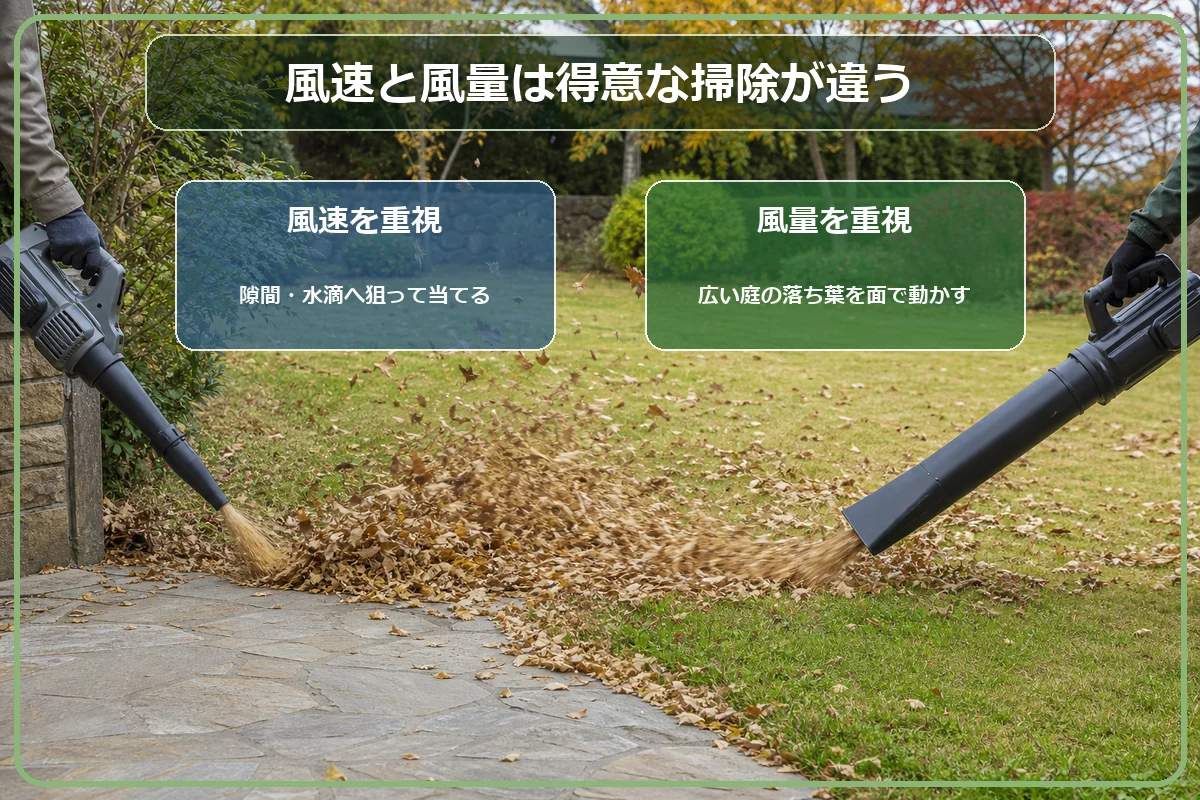 落ち葉掃除用ブロワーの風速と風量で得意な掃除が異なることを示す比較図