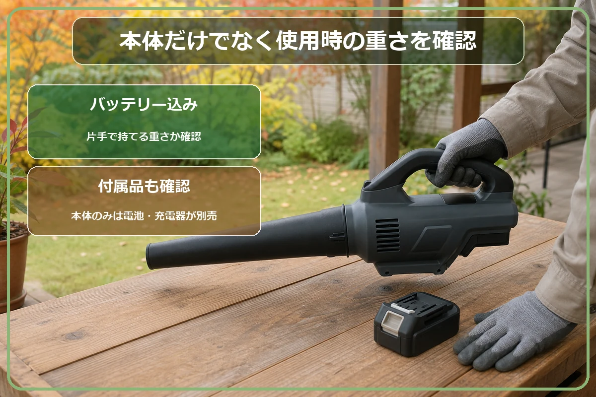 コードレスブロワーはバッテリー込みの重さと付属品を確認することを示す図