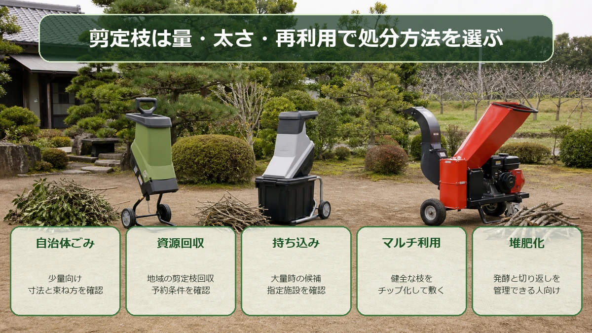 剪定枝の量と庭で再利用するかで処分方法を選ぶ図解