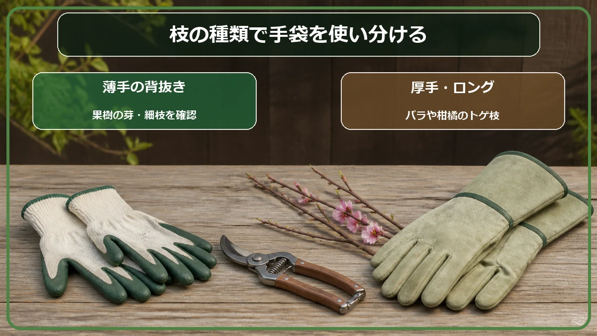 果樹の細かな剪定は薄手の背抜き、トゲ枝は厚手かロングを選ぶ目安