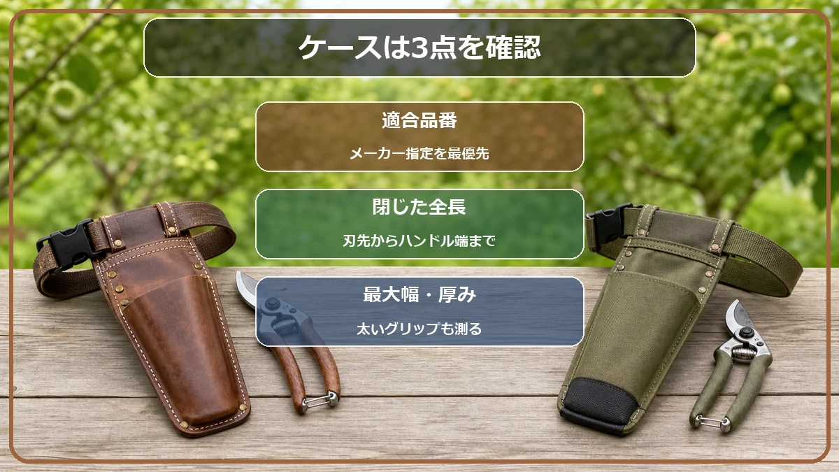剪定ばさみケースは全長だけでなく最大幅と適合品番を確認する図解