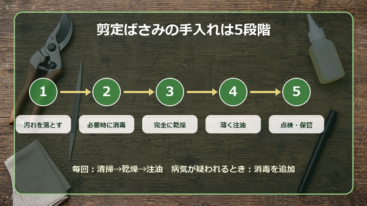 剪定ばさみを清掃して乾燥・注油・保管する5つの手順